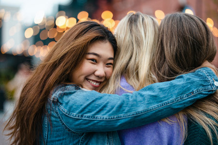 Three female friends hugging each otherの写真素材