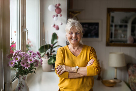 Portrait of a smiling senior woman standing with arms crossed at homeの写真素材