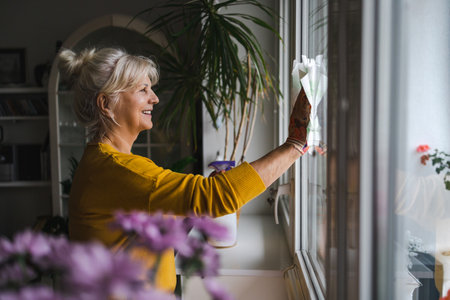 side view of happy senior woman cleaning window in living room at home