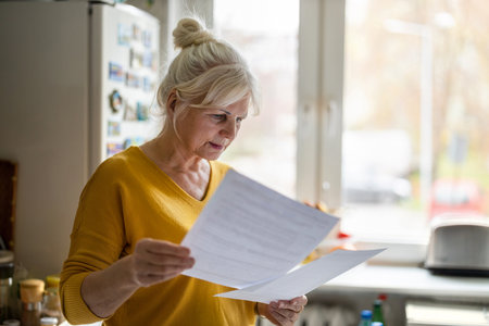 Mature woman reading a letter in the kitchenの写真素材