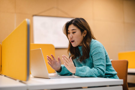 Portrait of young asian businesswoman sitting at desk and using laptop in officeの写真素材