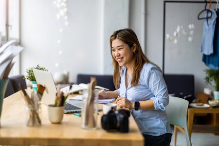 Portrait of a smiling female photographer sitting at her desk in her officeの写真素材