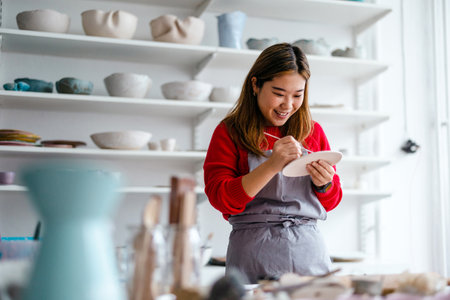 Portrait of a female potter working in her pottery studioの写真素材