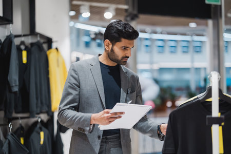 young businessman looking at jacket in clothing storeの写真素材