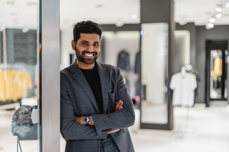 Portrait of a handsome young man in a suit looking at the camera and smiling while standing in a boutiqueの写真素材