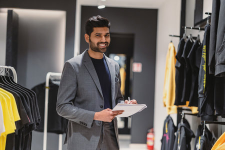 smiling asian businessman writing on clipboard and looking at camera in clothing storeの写真素材