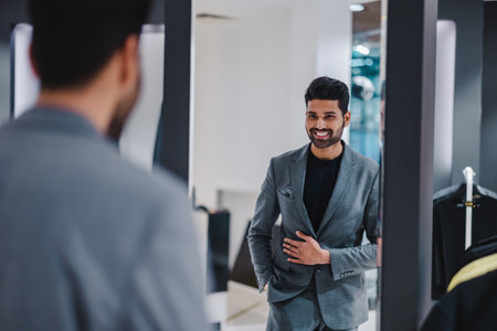 handsome young businessman looking at mirror in dressing roomの写真素材
