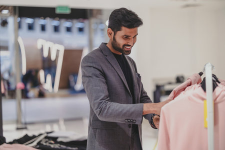 young indian fashion designer choosing clothes in modern showroom, fashion industryの写真素材