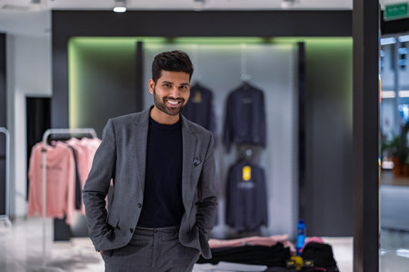 Portrait of a handsome young man wearing a suit while standing in a clothing storeの写真素材