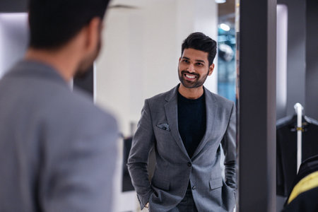 handsome young businessman looking at mirror in dressing roomの写真素材