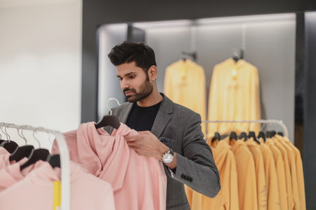young man choosing clothes in clothing store, fashion and shopping concept.の写真素材