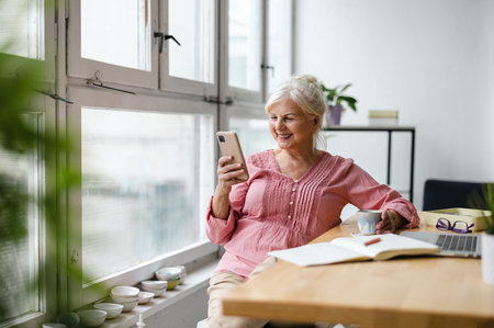 smiling senior woman with smartphone and notebook at home or office deskの写真素材