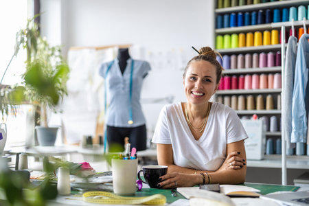 Portrait of happy female fashion designer sitting at desk in sewing studioの写真素材