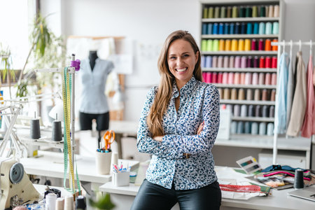 portrait of smiling fashion designer standing with crossed arms in sewing studioの写真素材