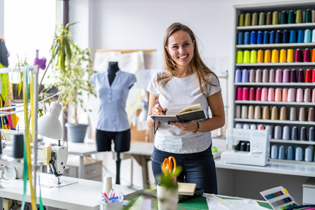 Portrait of young female fashion designer standing at her workplace in studioの写真素材