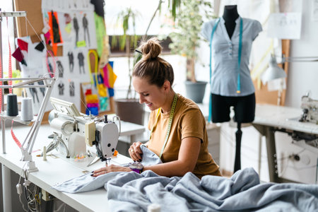 young female fashion designer working on sewing machine at modern fashion design studioの写真素材