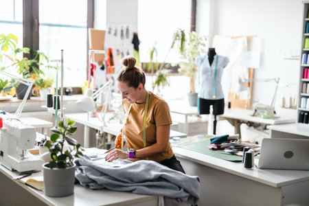 Fashion designer woman working on her designs in the studio at the deskの写真素材