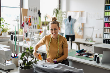 Portrait of smiling female fashion designer sitting at her workplace in studioの写真素材
