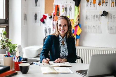 Portrait of a smiling fashion designer sitting at her workplace in the studioの写真素材
