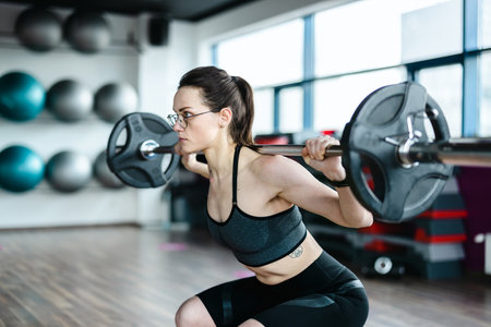 Young woman lifting a barbell in a gym. fitness concept.の写真素材