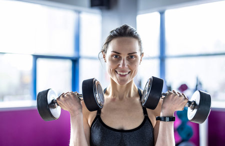 Portrait of smiling woman lifting dumbbells in fitness studio at the gymの写真素材