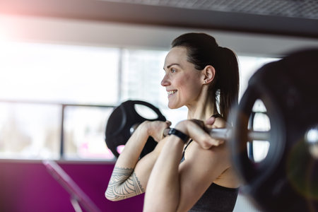 Side view of a smiling young woman lifting a barbell in a gymの写真素材