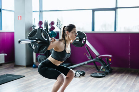 young sporty woman doing squats with barbell in fitness center gymの写真素材