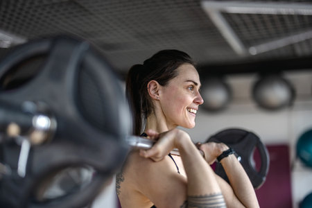 Portrait of a young woman working out in a gym with weightsの写真素材