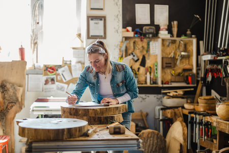 Female artisan working in her workshop, she is sitting at her desk and drawing on a piece of woodの写真素材