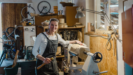 Portrait of happy mature female carpenter working with wood in workshopの写真素材