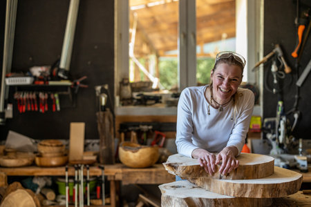 Portrait of smiling mature woman sitting on a tree stump in a workshopの写真素材