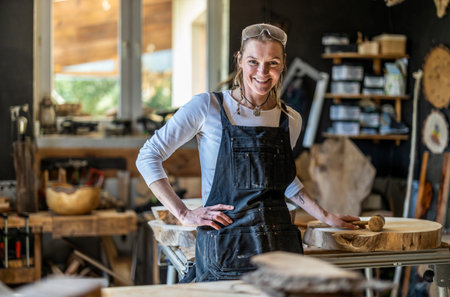 Portrait of smiling female artisan standing with hands on hips in workshopの写真素材