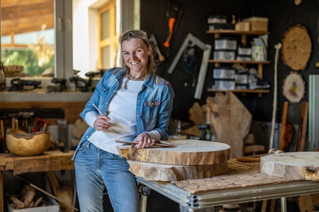 Portrait of happy female carpenter working in her workshop. She is smiling and looking at camera.の写真素材