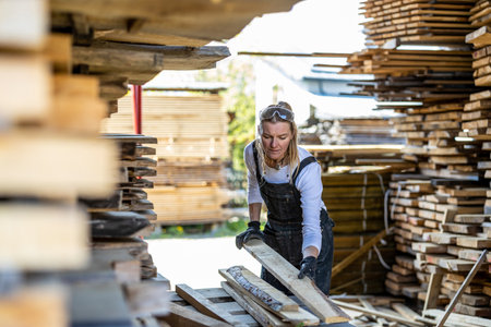 Female carpenter working in a carpentry workshop. Selective focus.の写真素材