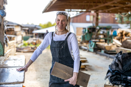 Portrait of a female carpenter standing in front of her workshopの写真素材
