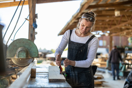 Portrait of a female carpenter working in her carpentry workshopの写真素材