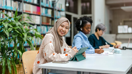 muslim student in hijab writing in notebook while african american teacher using laptop in libraryの写真素材