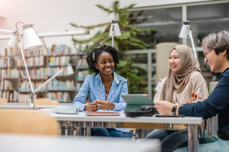 group of multiethnic college students studying together in library at universityの写真素材