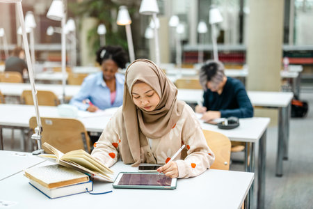 Hijab student using tablet computer at the library. Education concept.の写真素材