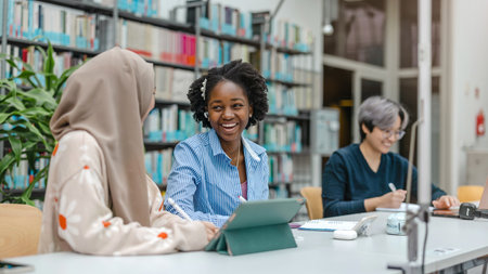 Group of multi ethnic college students working together at the library. education concept.の写真素材