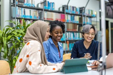 Mixed race group of college students studying together in a library - Education conceptの写真素材