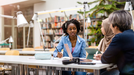 african american female teacher and students working together in university libraryの写真素材