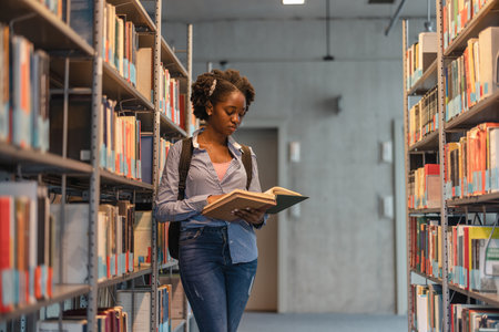 Side view of a female college student reading a book in a libraryの写真素材