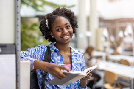 Portrait of smiling african american businesswoman holding notebook in officeの写真素材