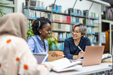 Portrait of smiling female teacher and student working together at desk in libraryの写真素材