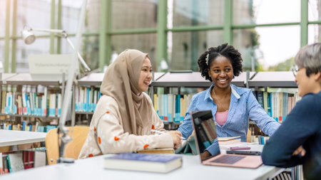 Multiethnic group of students sitting at the library and studying togetherの写真素材