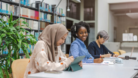 african american muslim female teacher and her students in libraryの写真素材