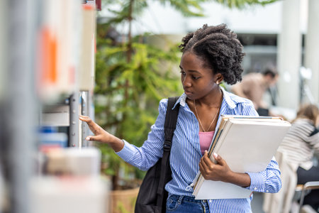 young african american female student reading book while standing in campusの写真素材