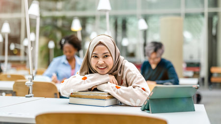 Portrait of a young muslim woman with hijab smiling while reading a book in a cafeの写真素材