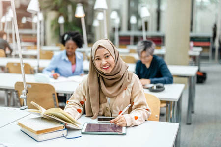 portrait of young muslim woman with mobile phone and book in classroomの写真素材